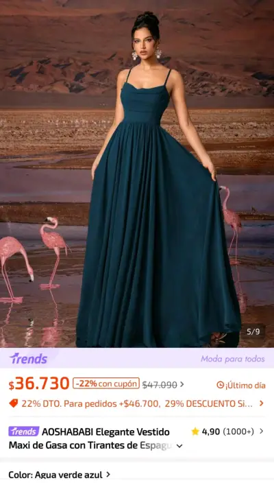 Vestido largo elegante verde azul con tirantes - miniatura 4