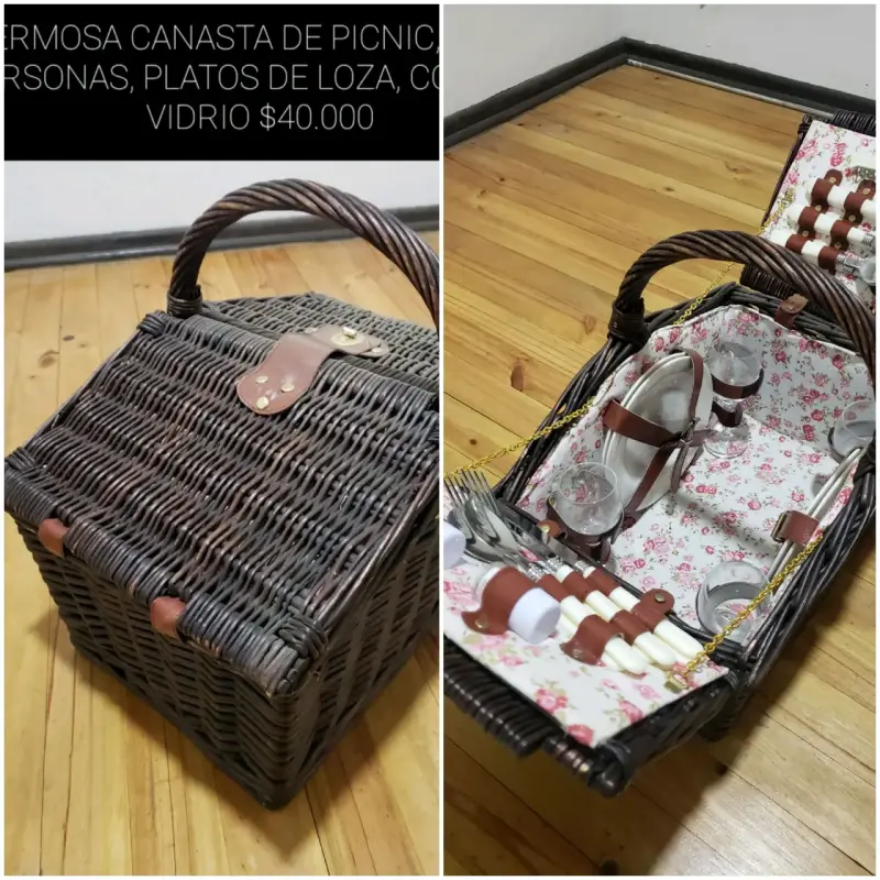 Canasta de picnic para 4 personas con platos y copas