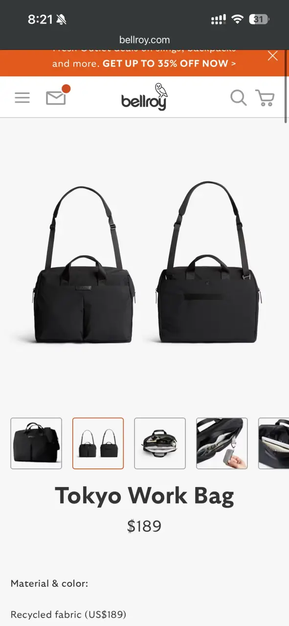 Bolso de trabajo Bellroy Tokyo negro reciclado - 1