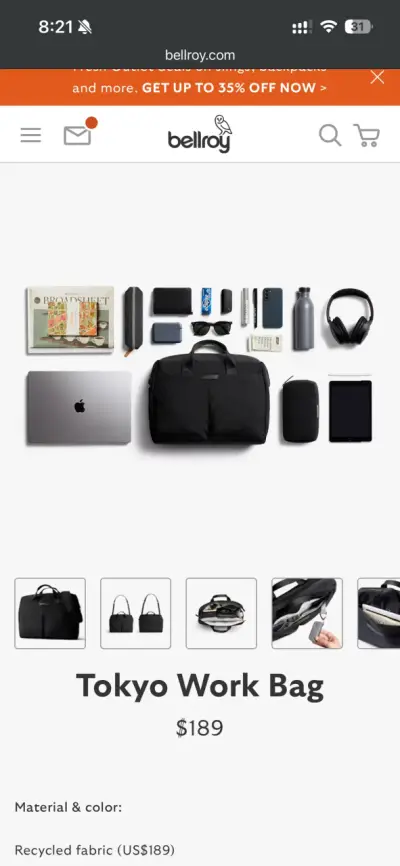Bolso de trabajo Bellroy Tokyo negro reciclado - miniatura 2