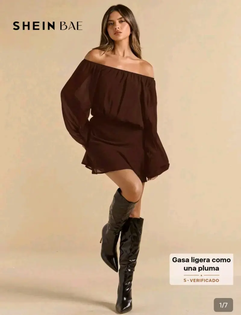 Vestido corto marrón hombros descubiertos Shein