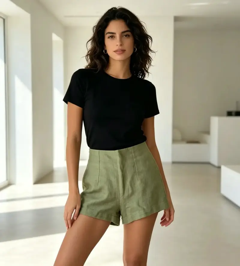 Shorts de lino verde oliva para mujer - 1