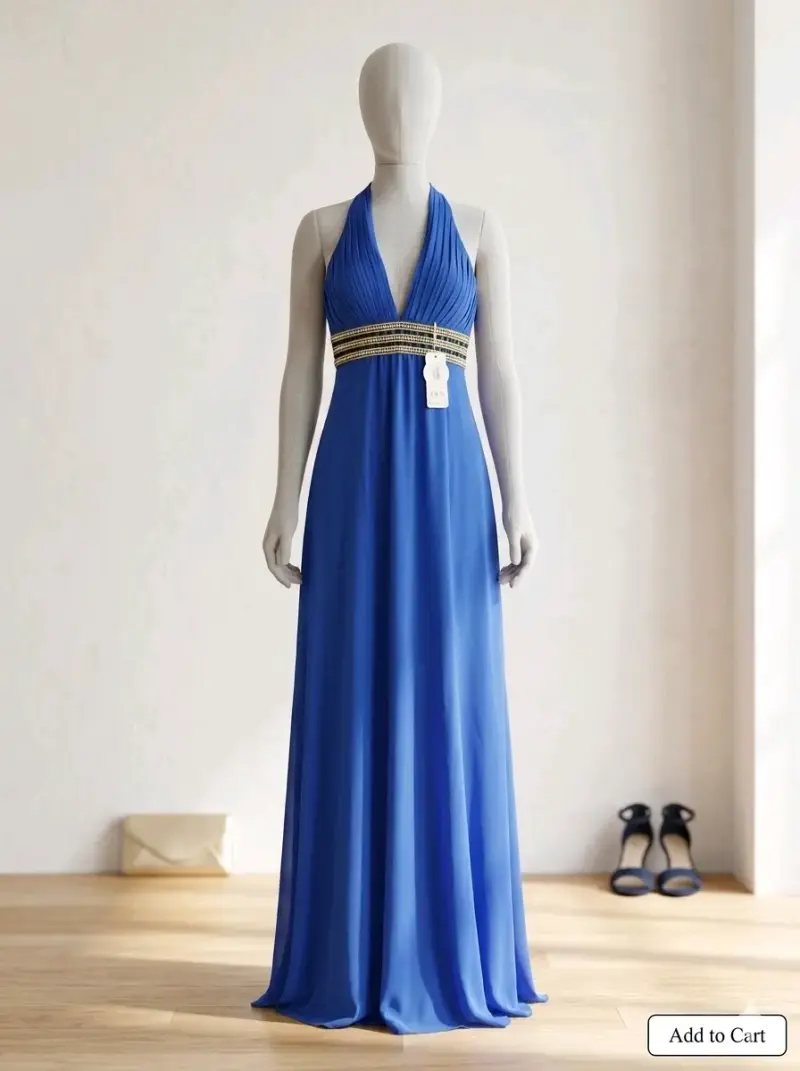Vestido largo azul con escote halter