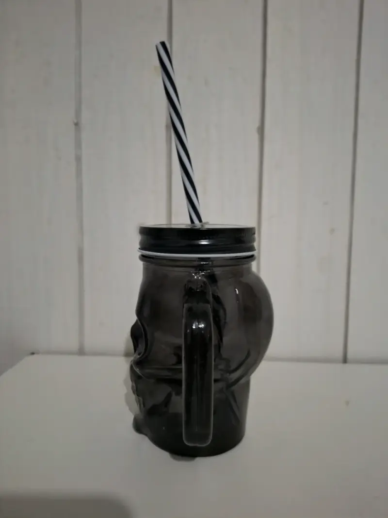 Vaso de vidrio con tapa y bombilla calavera - 3