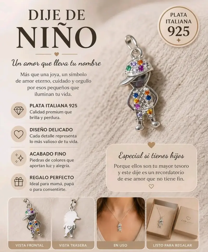 Dije de niño en plata italiana 925 con piedras de colores