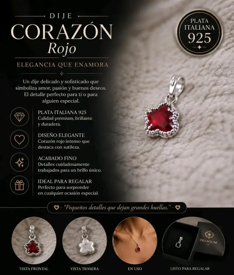 Dije de Corazón Rojo en Plata Italiana 925
