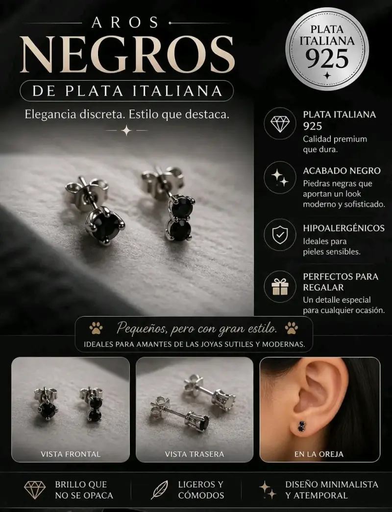 Aros negros de plata italiana 925 elegantes