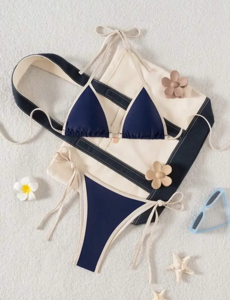 Bikini azul marino con detalles beige - 2
