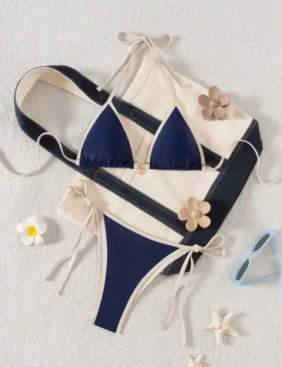 Bikini azul marino con detalles beige - miniatura 2