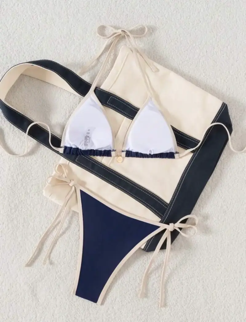 Bikini azul marino con detalles beige - 3