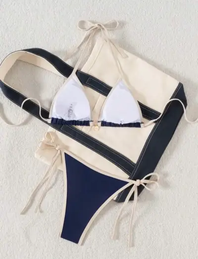Bikini azul marino con detalles beige - miniatura 3