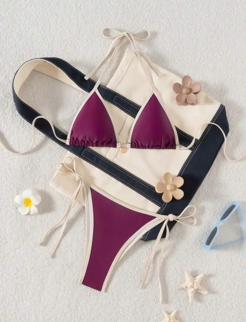 Bikini morado con detalles beige para mujer - 2