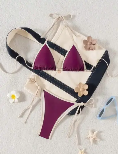 Bikini morado con detalles beige para mujer - miniatura 2