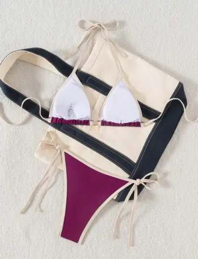 Bikini morado con detalles beige para mujer - miniatura 3