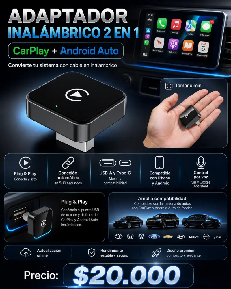Adaptador Inalámbrico 2 en 1 CarPlay y Androi Auto - 1
