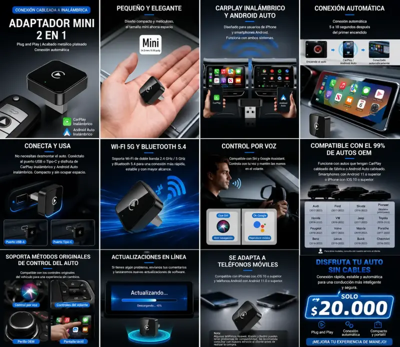 Adaptador Inalámbrico 2 en 1 CarPlay y Androi Auto - 2