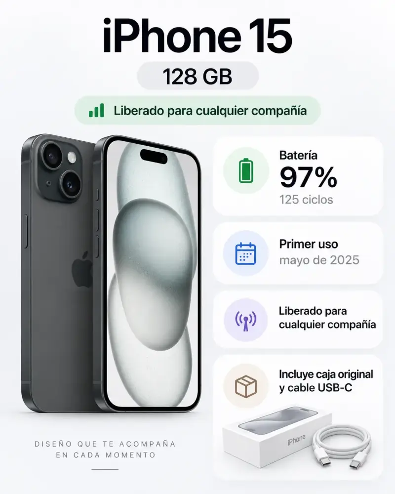 iPhone 15 128 GB Negro — batería 97% — 125 ciclos - 6