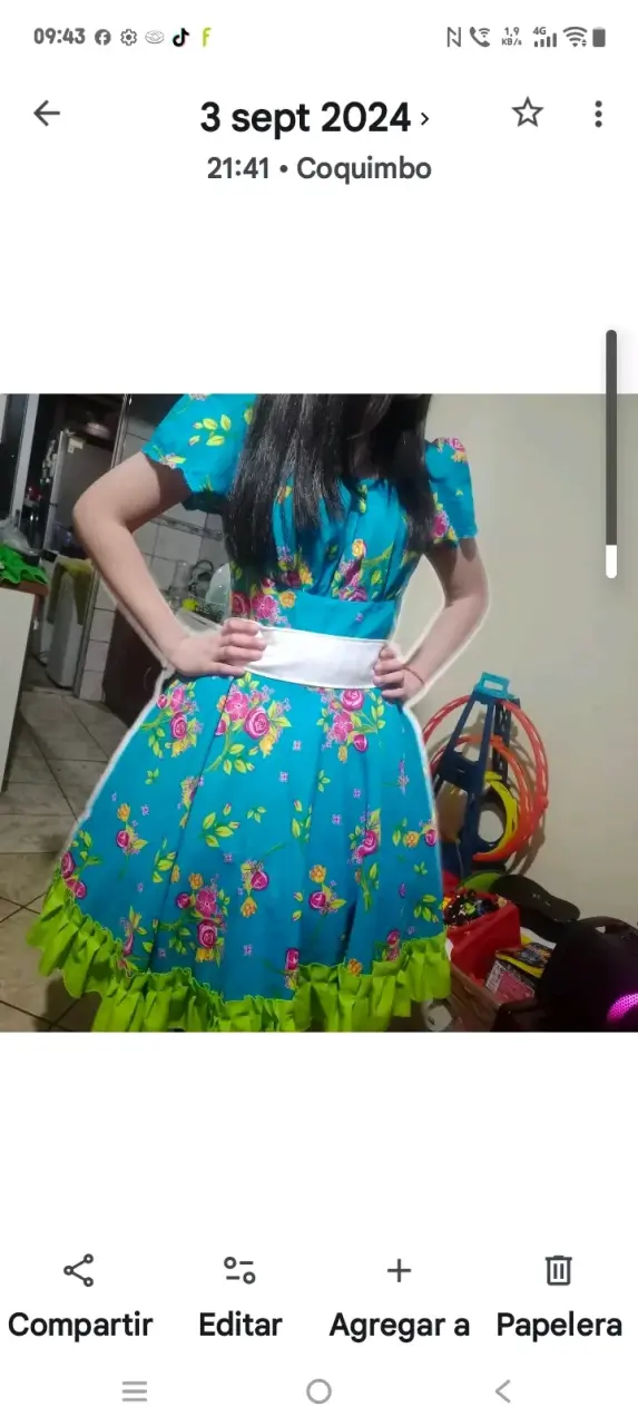 Vestido folclórico azul con flores y volantes