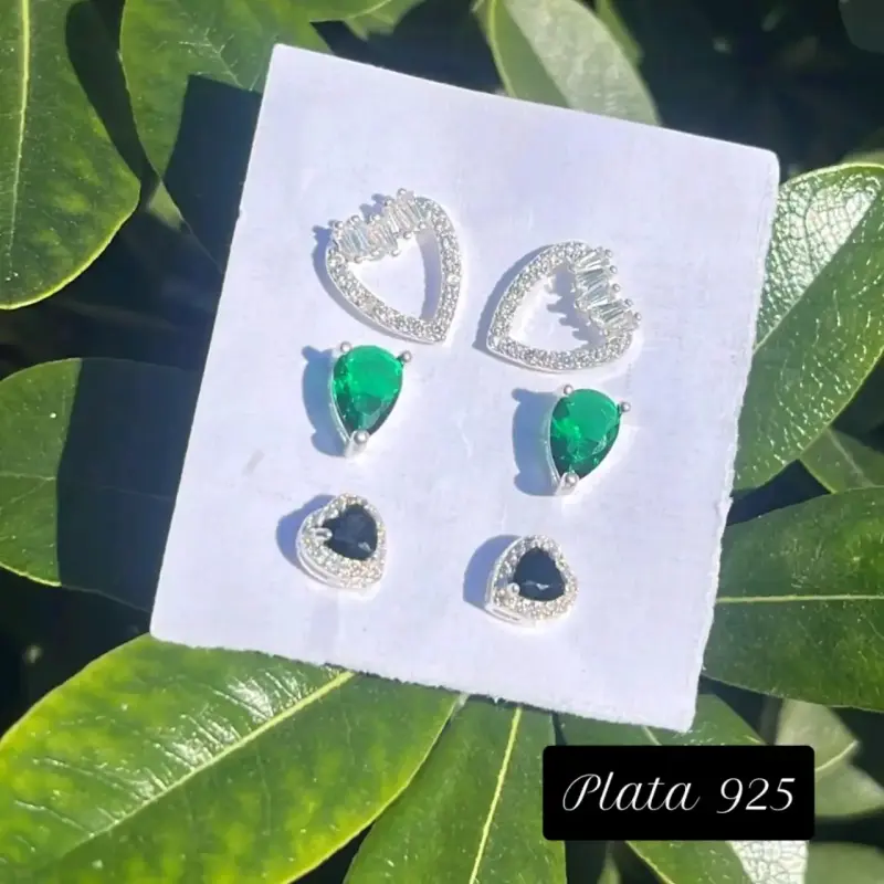 Set de Aros de Plata 925 con Piedras Verdes y Negras