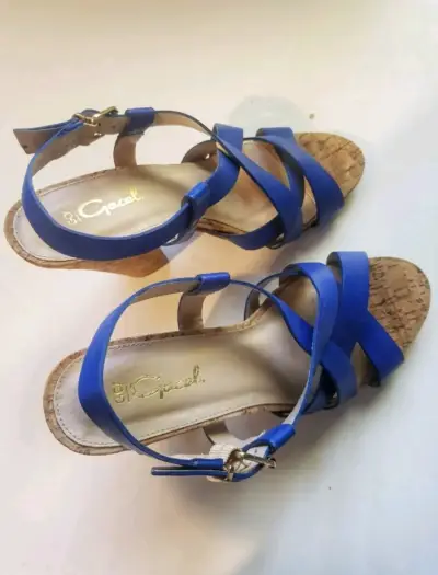 Sandalias de tacón alto azul con corcho - miniatura 3