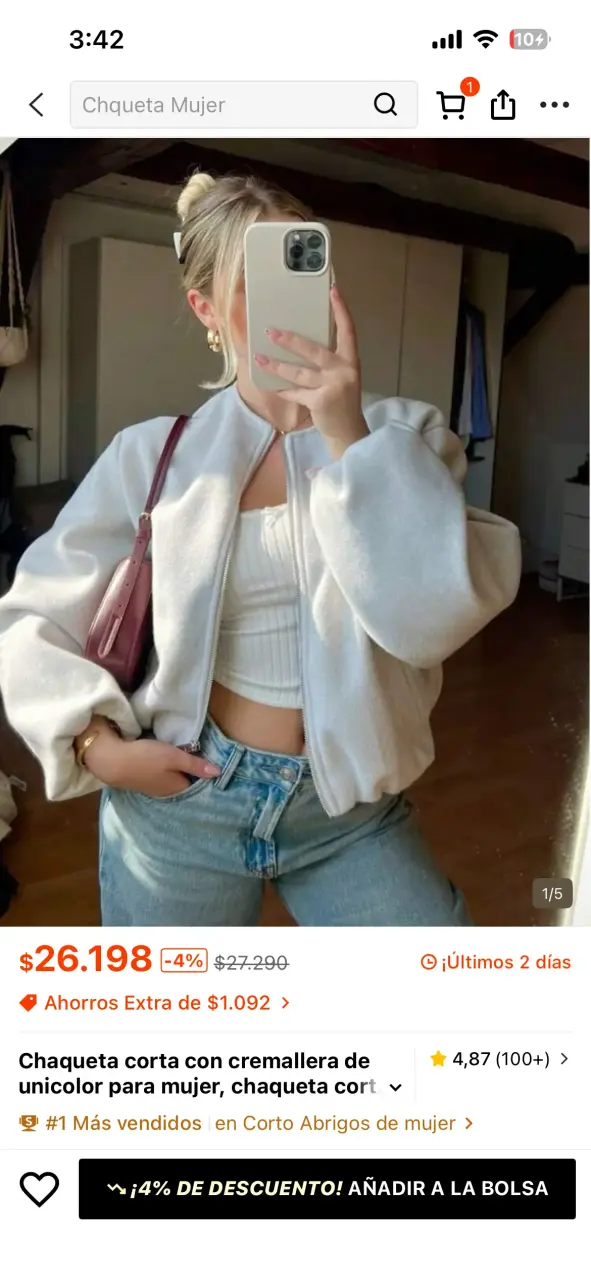 Chaqueta corta gris para mujer con cremallera - 2
