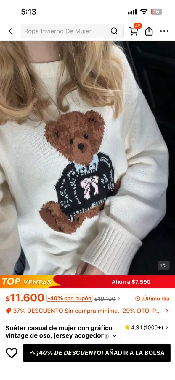 Suéter casual de mujer con gráfico de oso - 3
