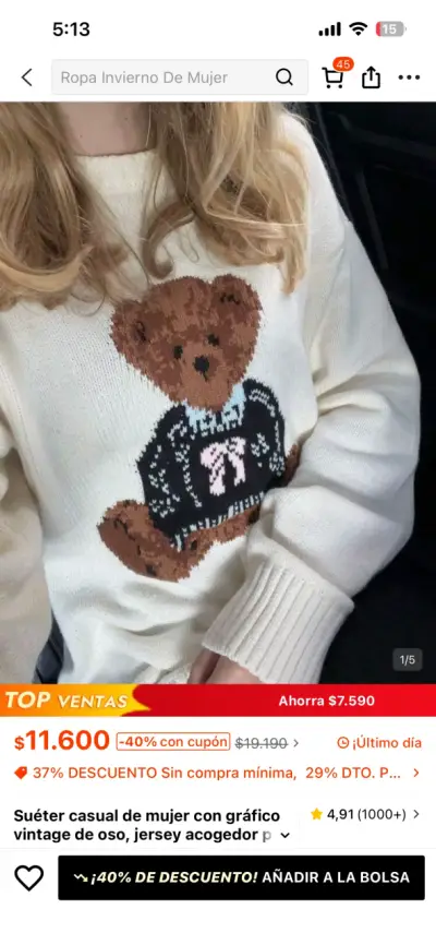 Suéter casual de mujer con gráfico de oso - miniatura 3