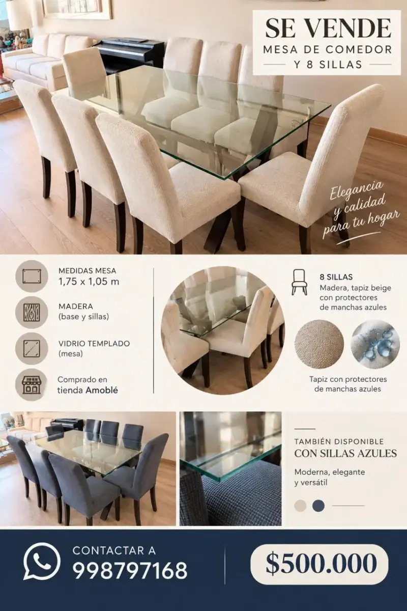 Mesa de comedor con 8 sillas beige de madera y vidrio