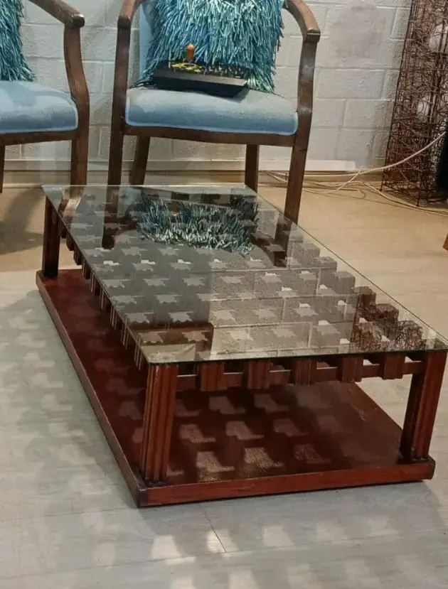 Mesa de Centro vintage de Vidrio y Madera - 1