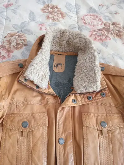 Chaqueta de cuero marrón con forro de lana Gipsy - miniatura 1