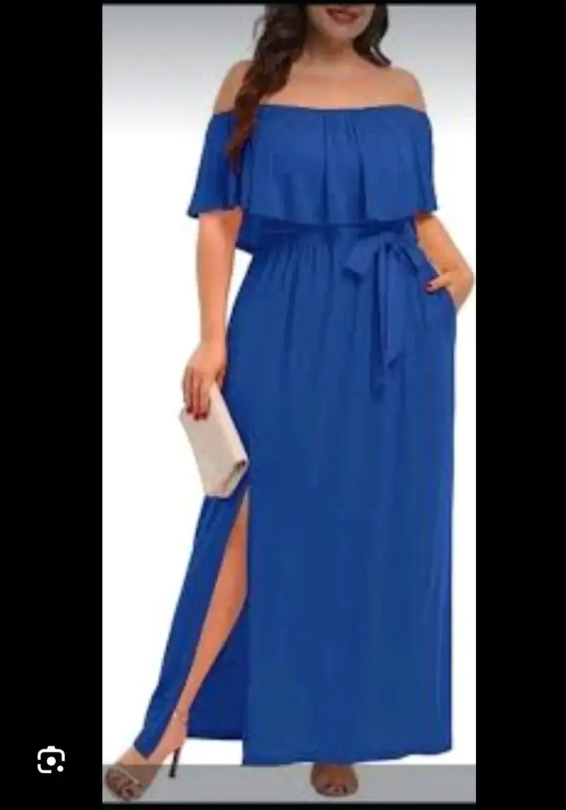 Vestido largo azul con hombros descubiertos - 2