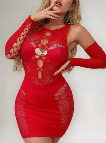 Vestido rojo ajustado con diseño de malla - miniatura 1