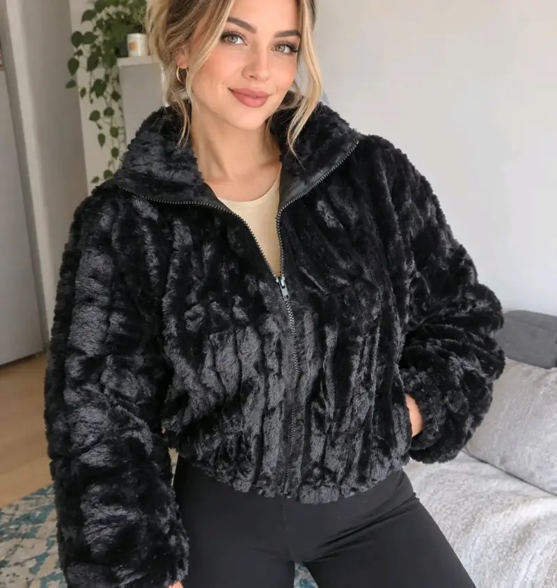 Chaqueta de Peluche Negra para Mujer