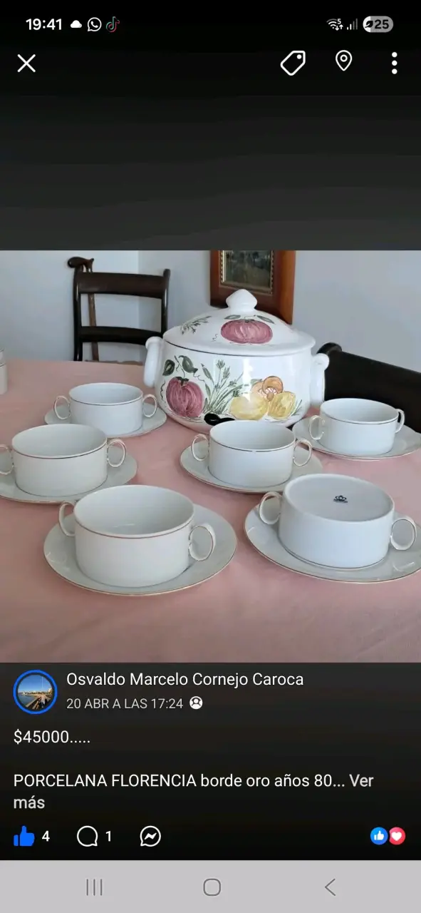 Juego de consomer porcelana Florencia borde dorado