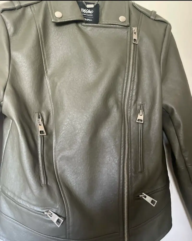 Chaqueta de cuero sintético verde oliva para mujer - 2