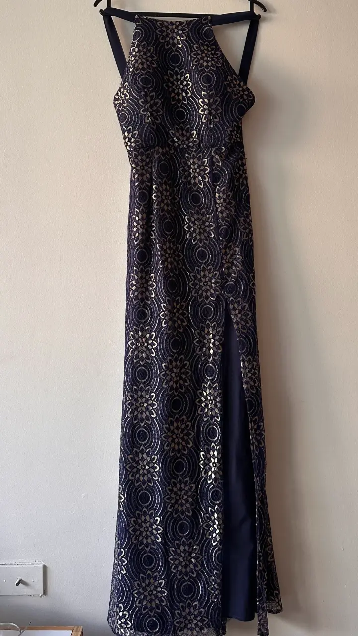 Vestido de fiesta azul marino “encaje” dorado - 2