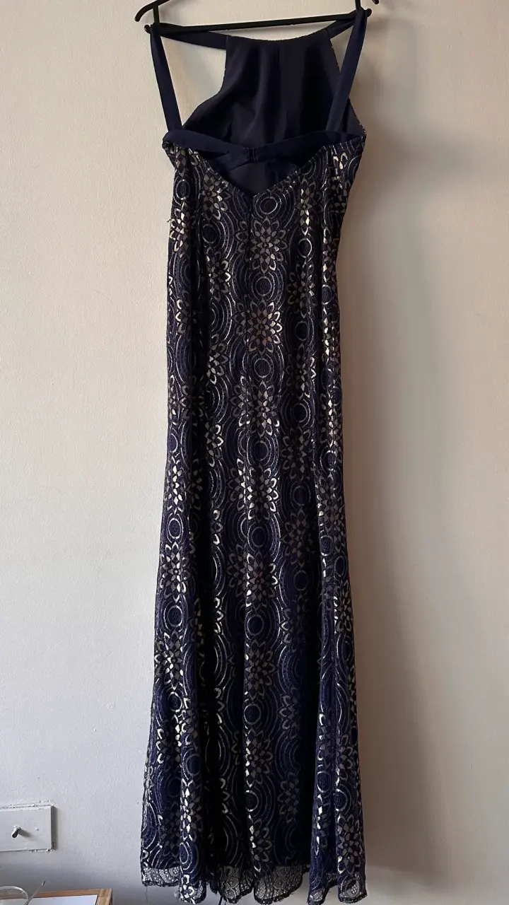 Vestido de fiesta azul marino “encaje” dorado - 3