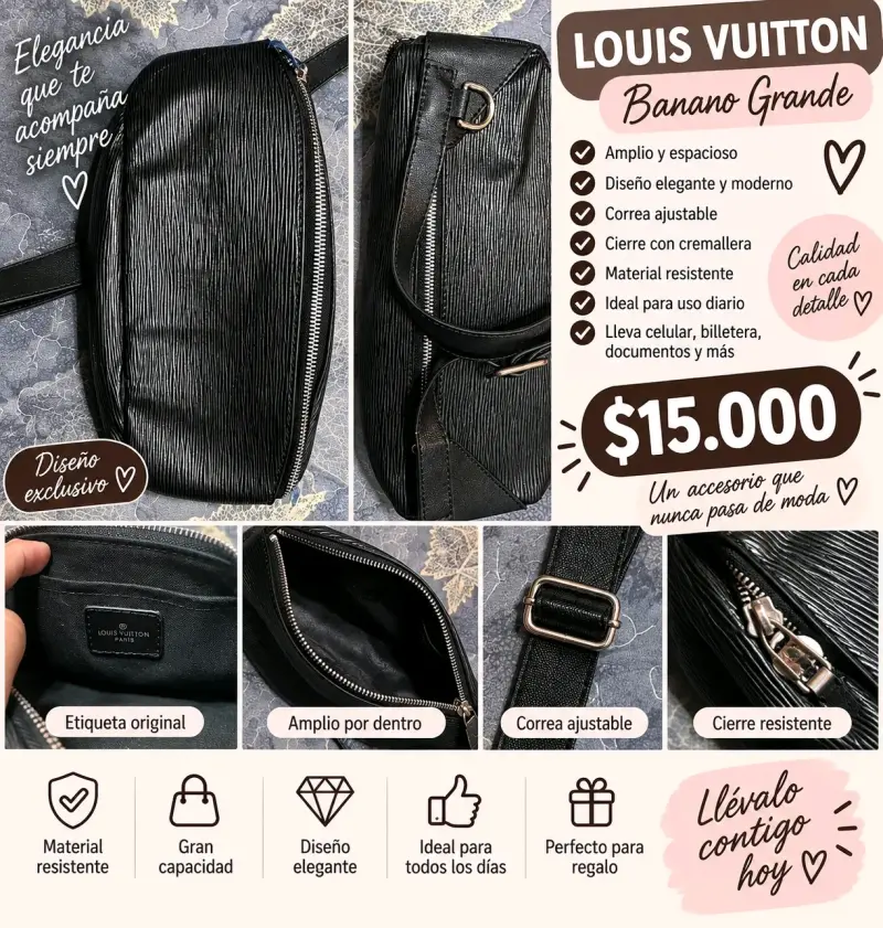 Banano Grande Louis Vuitton Negro Elegante