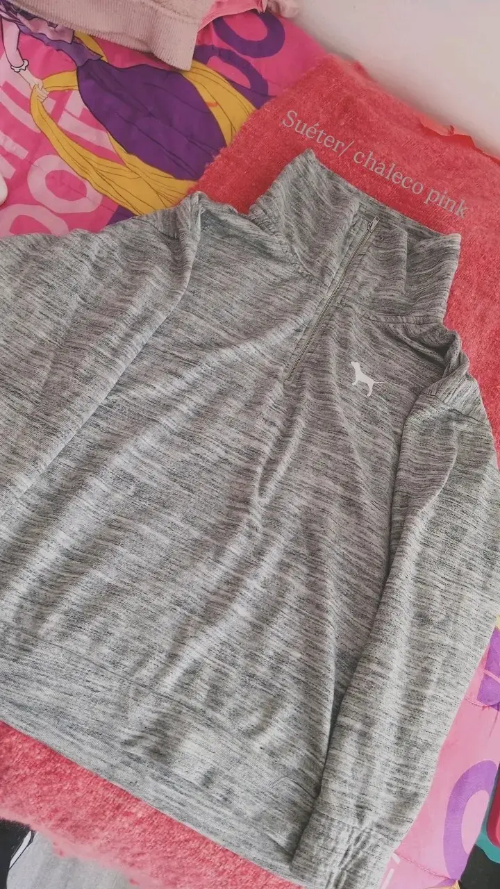 Suéter gris con cierre y detalles de lazo Pink - 1