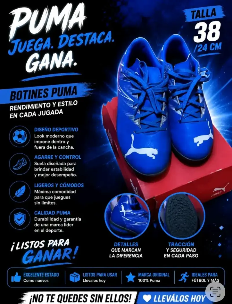 Botines Puma azules talla 38 para fútbol