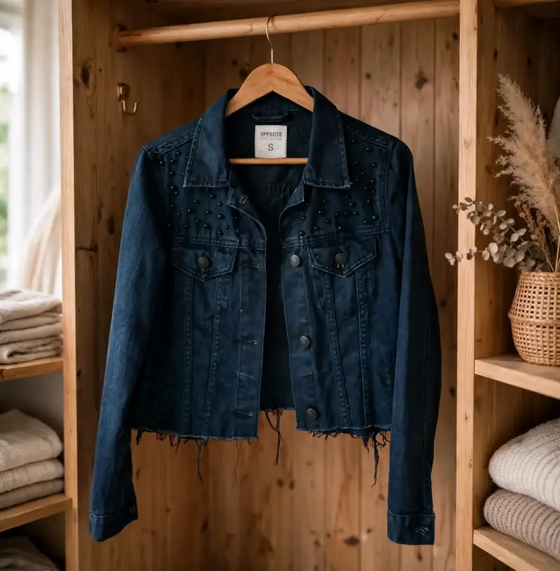 Chaqueta de mezclilla azul con tachas para mujer - 1