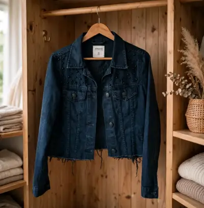 Chaqueta de mezclilla azul con tachas para mujer - miniatura 1