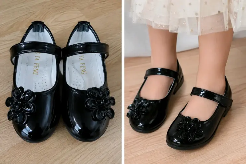 Zapatos de charol negro para niña con flor - 1