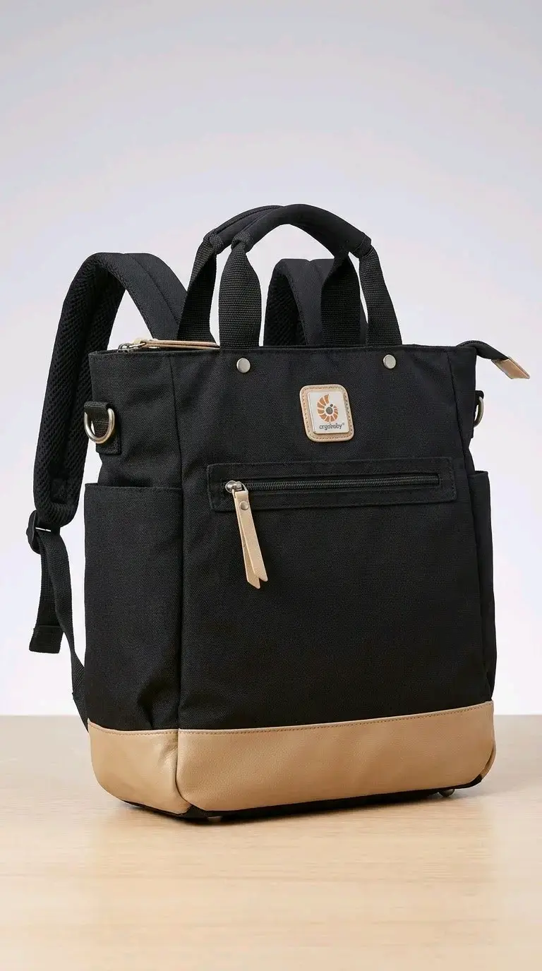 Pañalera ergonómica negra con detalles beige - 1