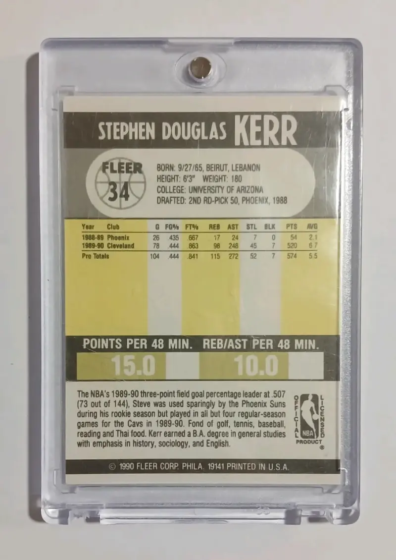 Tarjeta de baloncesto Steve Kerr Fleer 1990 - 2