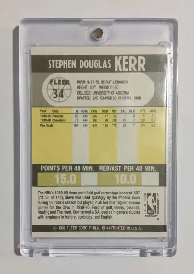 Tarjeta de baloncesto Steve Kerr Fleer 1990 - miniatura 2