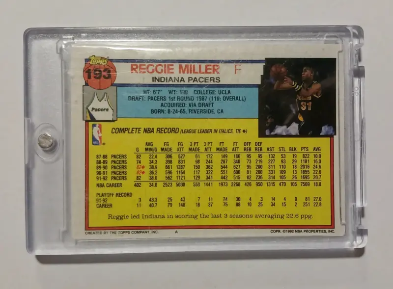 Tarjeta coleccionable Reggie Miller Topps 1990 - 2
