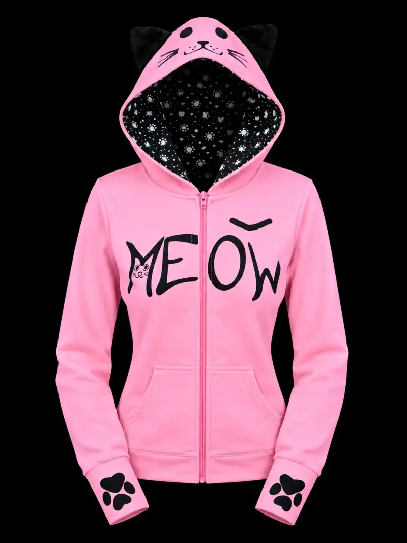 Polerón rosado con orejas de gato y diseño 'Meow'
