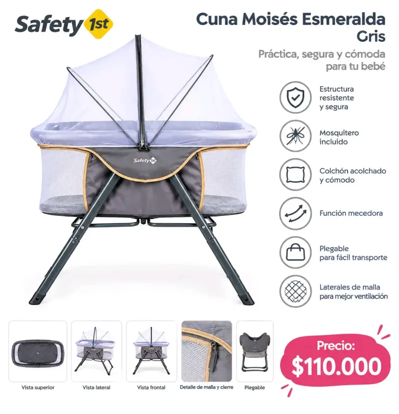 Cuna Moisés Esmeralda Gris con Mosquitero
