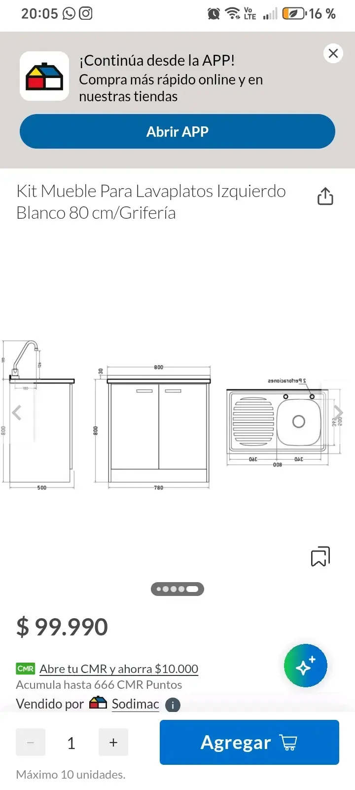 Kit mueble para lavaplatos izquierdo blanco 80 cm - 4